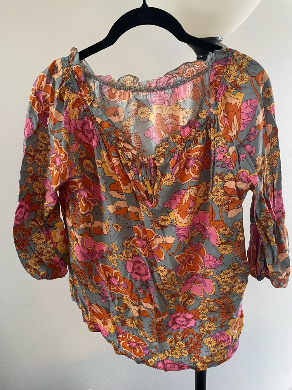 SHEIN Gray Floral Peasant Blouse with Pink & Orange Flowers